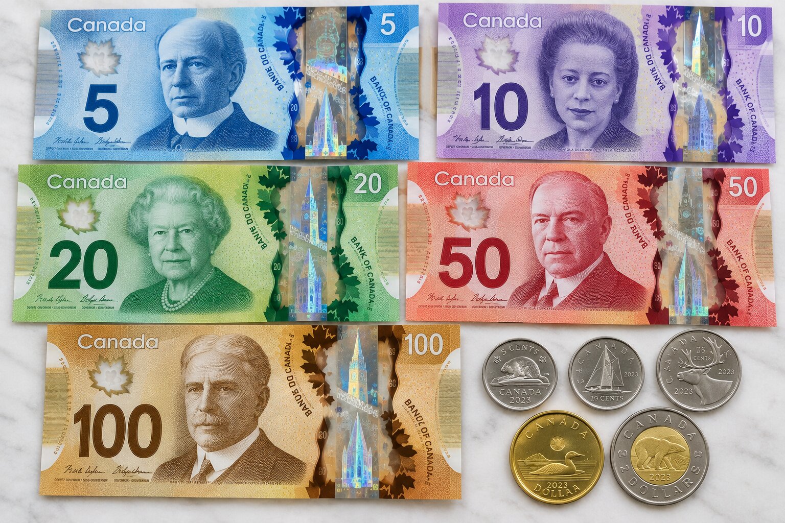 Bộ tiền Đô la Canada gồm các tờ polymer 5, 10, 20, 50, 100 CAD cùng đồng xu Cent, Loonie và Toonie thể hiện hệ thống tiền tệ Canada