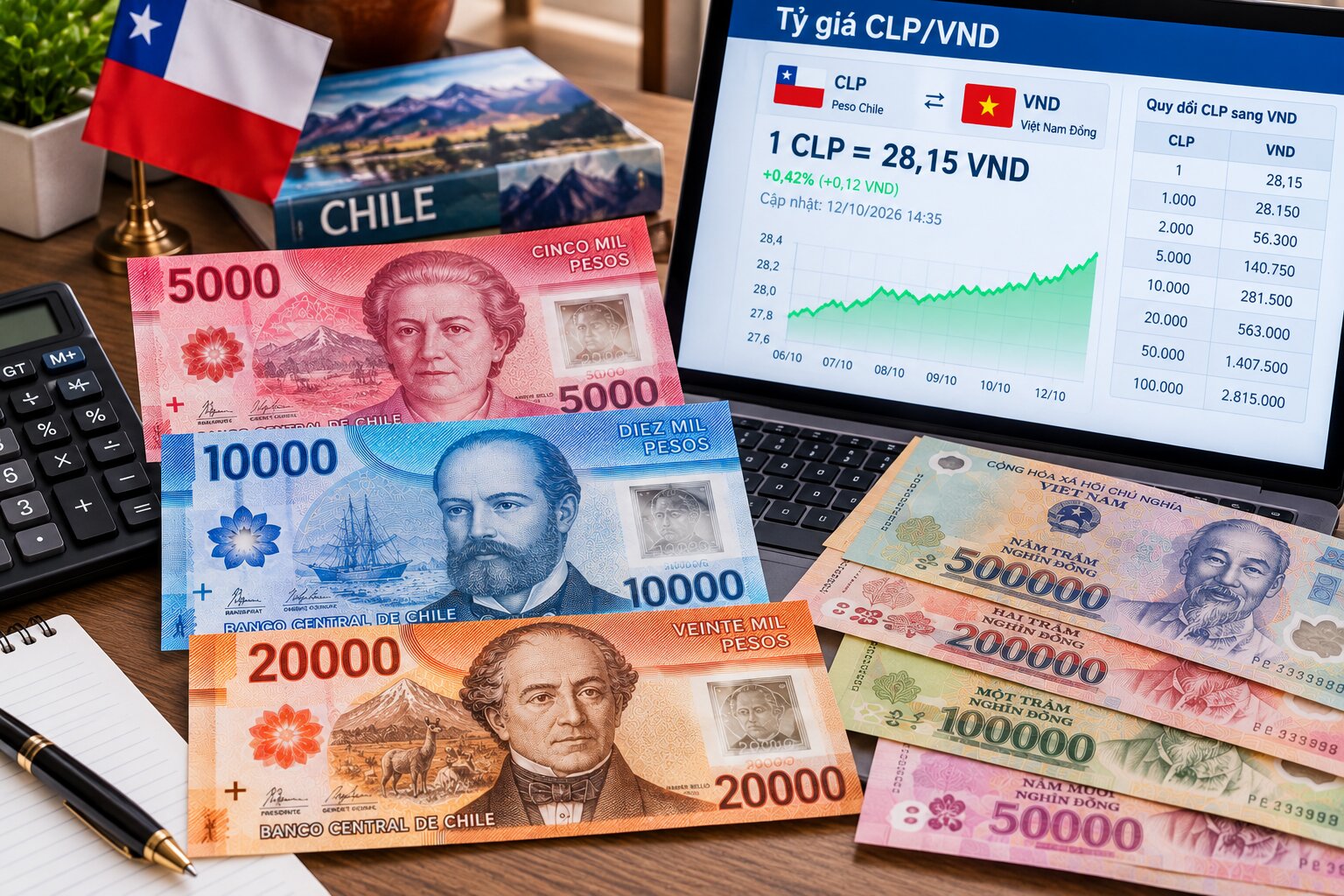 Tiền Peso Chile gồm các tờ 5.000, 10.000, 20.000 CLP đặt cạnh tiền Việt Nam, máy tính và màn hình hiển thị tỷ giá CLP/VND