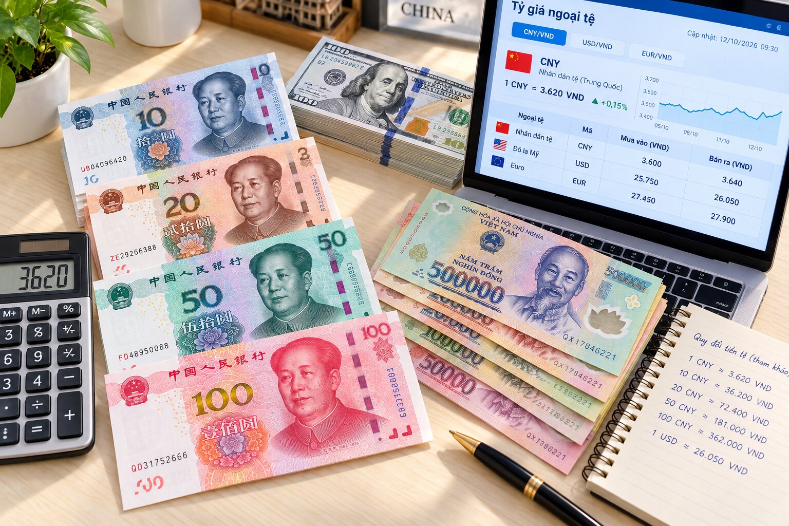 Tiền Nhân dân tệ Trung Quốc đặt cạnh tiền Việt Nam, đô la Mỹ và máy tính tỷ giá, minh họa hoạt động quy đổi CNY sang VND