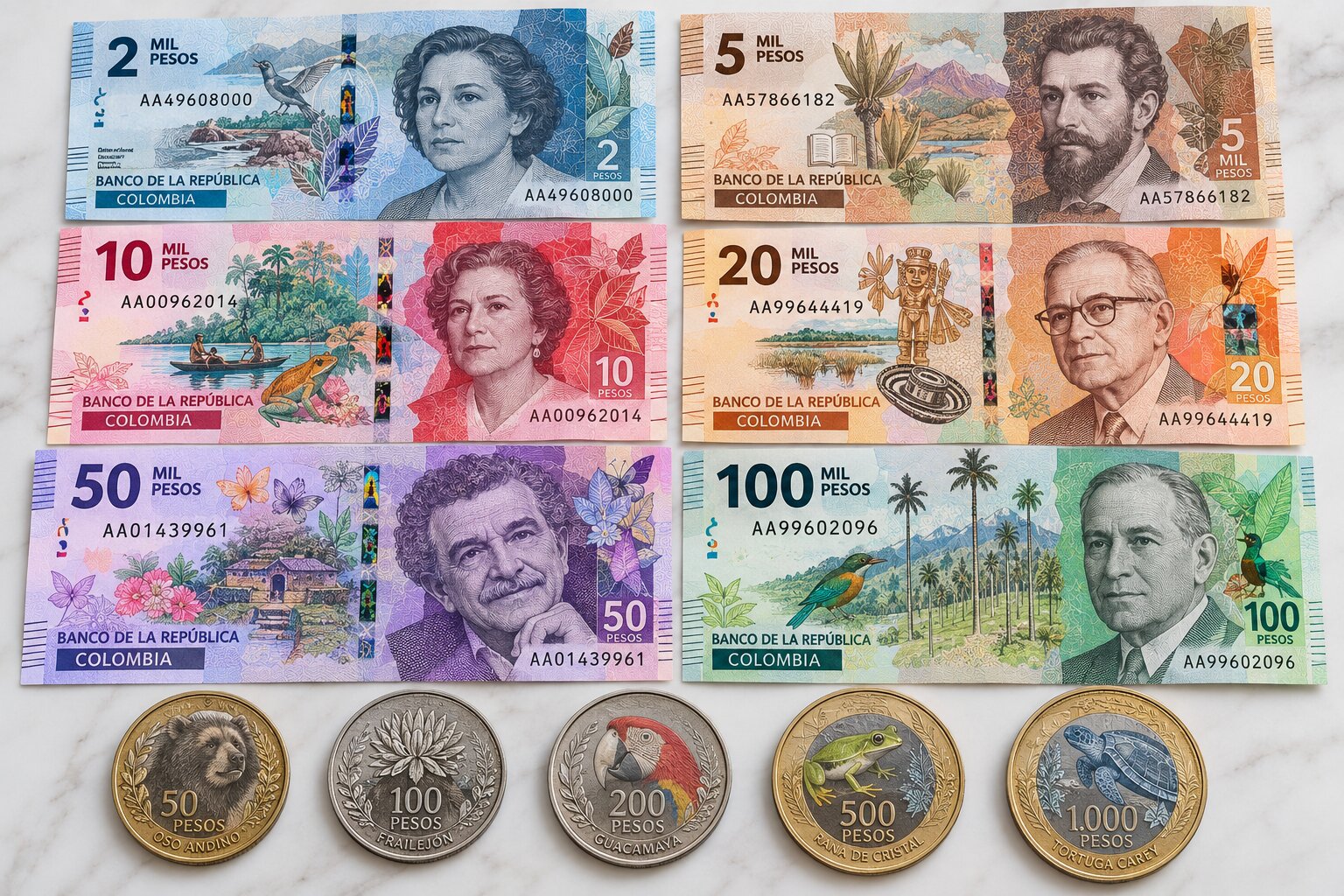 Các mệnh giá tiền Peso Colombia với thiết kế tôn vinh nhân vật lịch sử và sự đa dạng sinh học