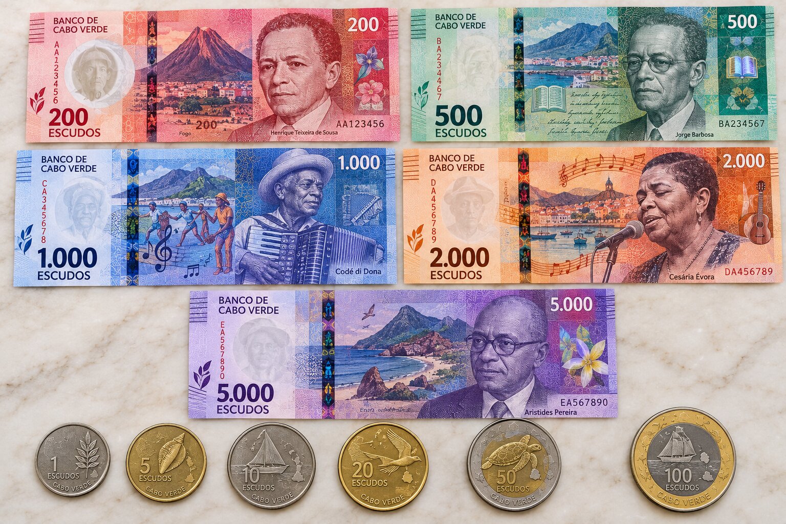 Bộ tiền Escudo Cabo Verde gồm các tờ 200, 500, 1000, 2000, 5000 CVE cùng tiền xu mang thiết kế đặc trưng của quốc đảo Đại Tây Dương
