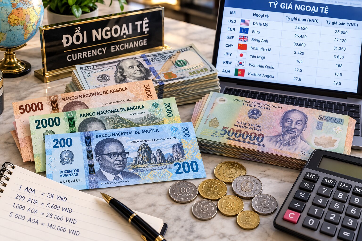 Tiền Kwanza Angola có thể được quy đổi sang VND và các ngoại tệ quốc tế theo tỷ giá thị trường tại thời điểm giao dịch