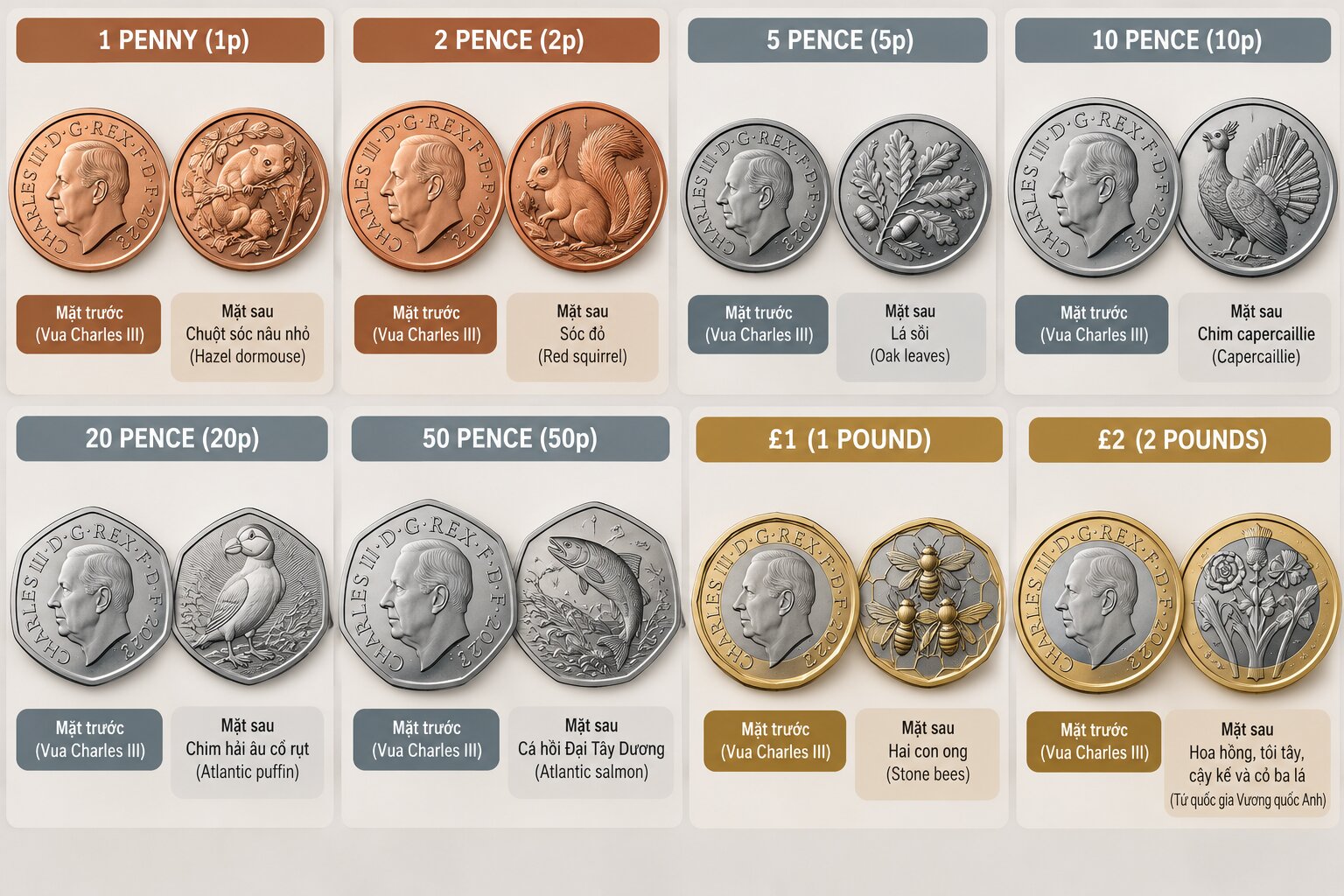 Bộ tám đồng xu Bảng Anh thời Vua Charles III với các mệnh giá từ 1 penny đến 2 bảng, mang hình động vật và thực vật nước Anh