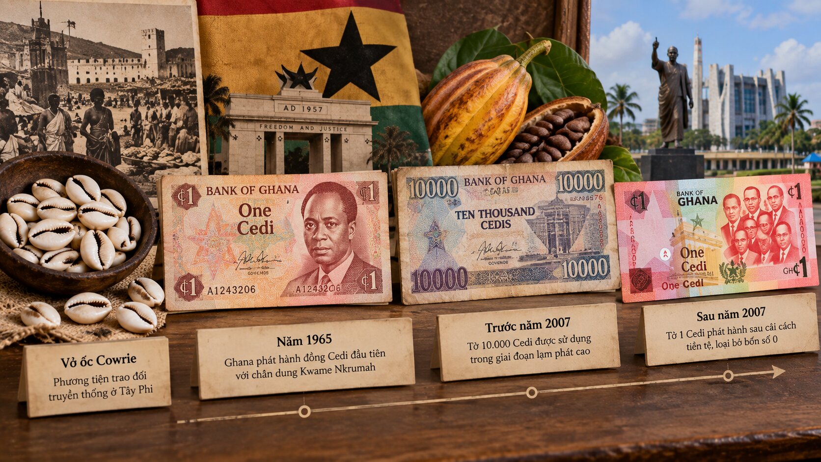 Lịch sử tiền Cedi Ghana qua vỏ ốc Cowrie, tiền thời Kwame Nkrumah và các phiên bản trước, sau cuộc cải cách tiền tệ năm 2007