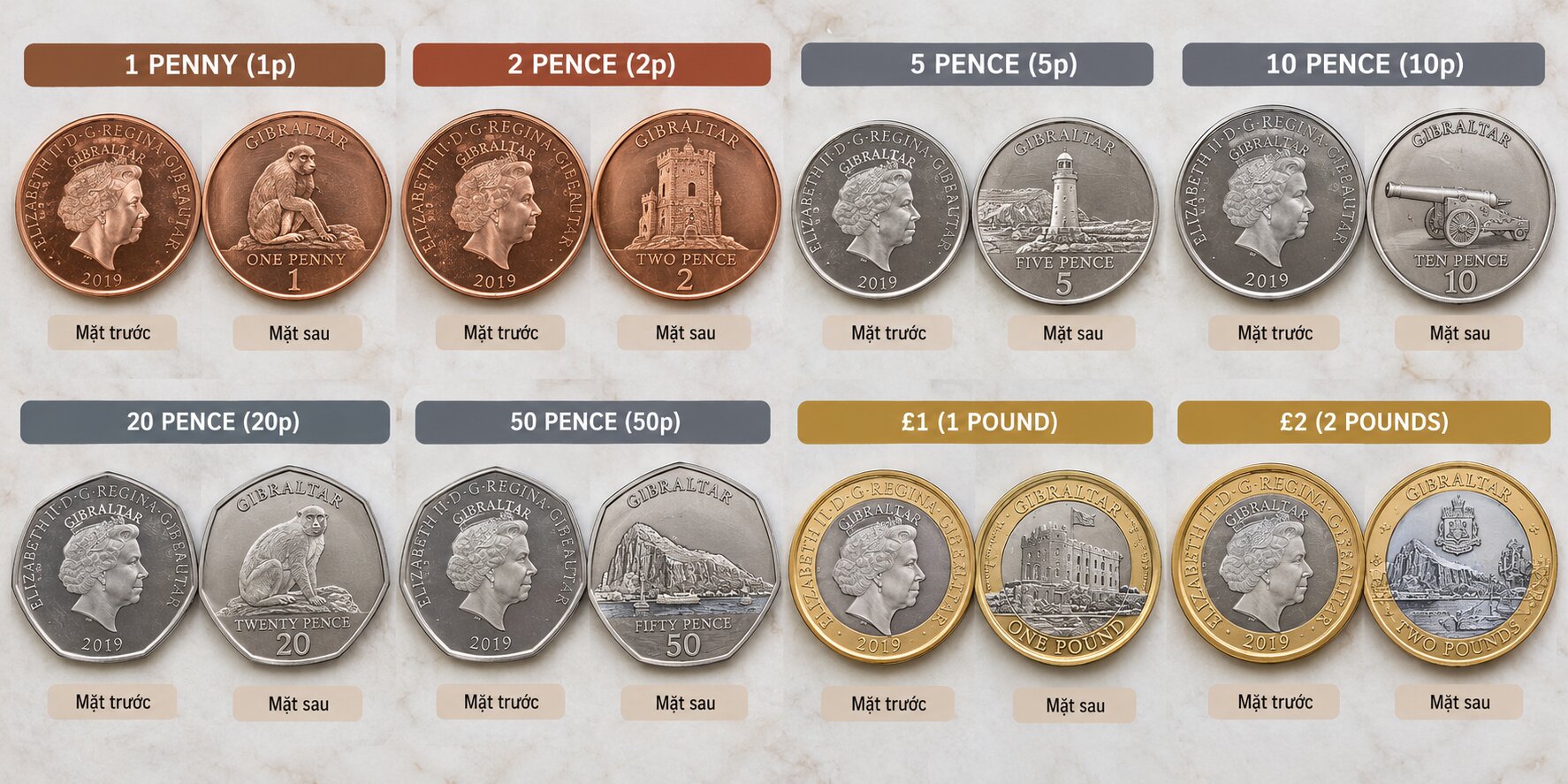 Bộ tiền xu Bảng Gibraltar từ 1 penny đến 2 bảng với chân dung hoàng gia và các biểu tượng lịch sử, văn hóa đặc trưng của Gibraltar