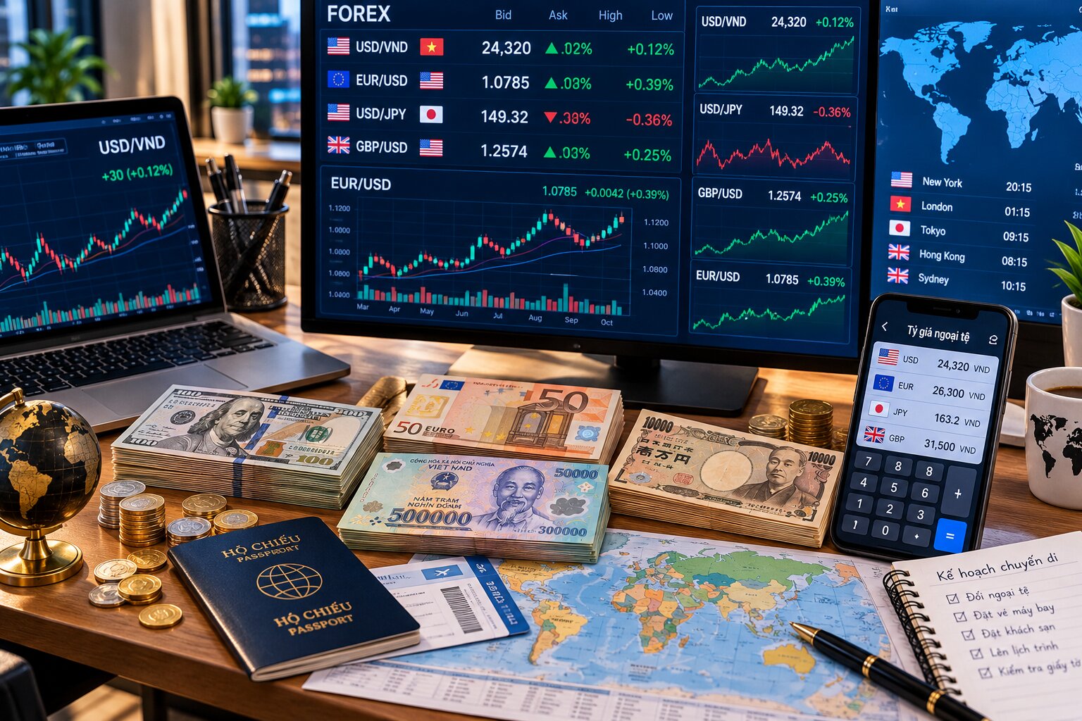 Các loại tiền Đô la Mỹ, Euro, Yên Nhật và Đồng Việt Nam đặt cạnh hộ chiếu, máy tính tỷ giá và bản đồ thế giới minh họa hoạt động đổi ngoại tệ