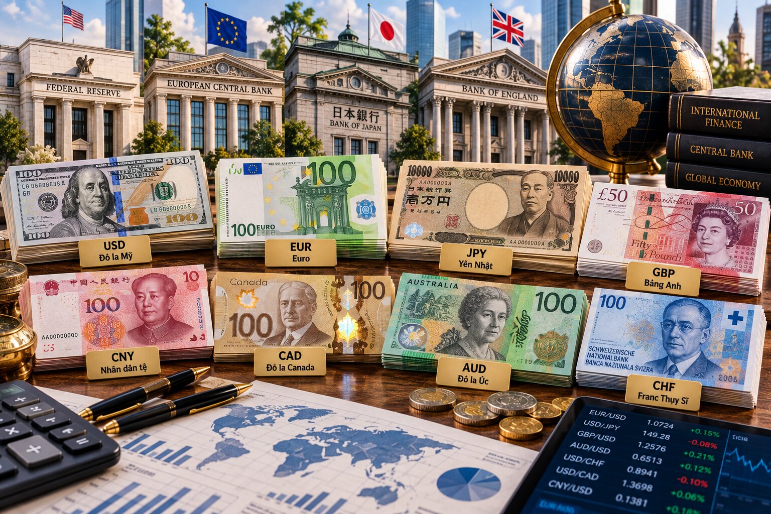 Các đồng tiền dự trữ quốc tế gồm Đô la Mỹ, Euro, Yên Nhật, Bảng Anh, Nhân dân tệ, Đô la Canada, Đô la Úc và Franc Thụy Sĩ