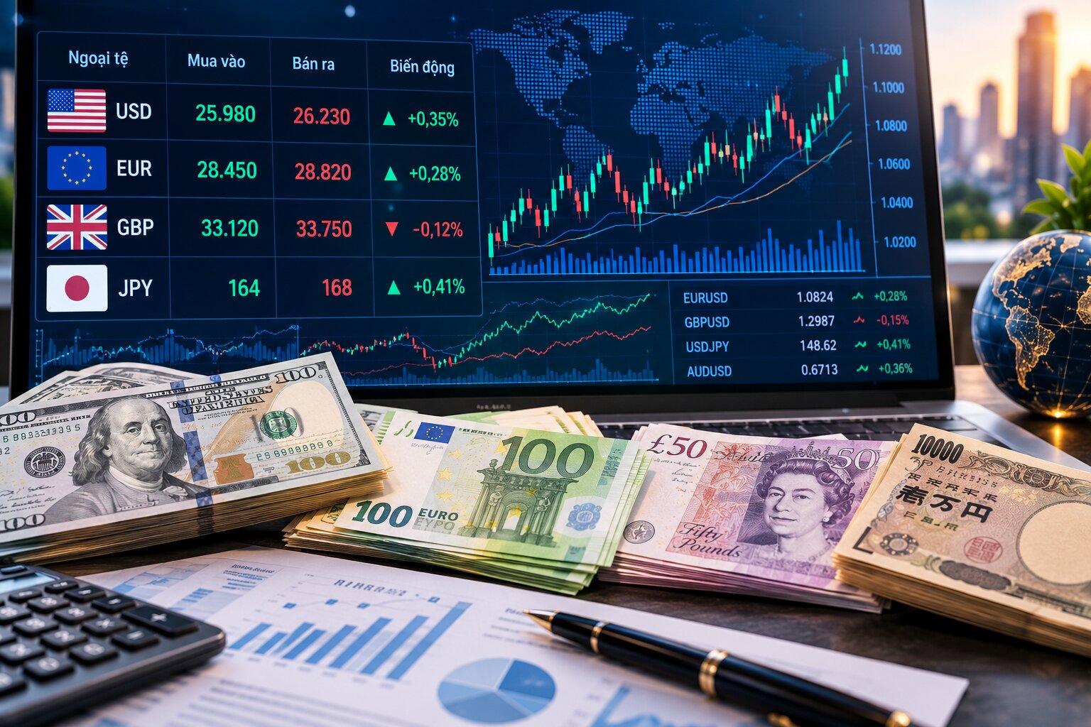 Biến động tỷ giá ngoại tệ USD, EUR, GBP và JPY ảnh hưởng đến số tiền nhận được khi thực hiện quy đổi sang VND