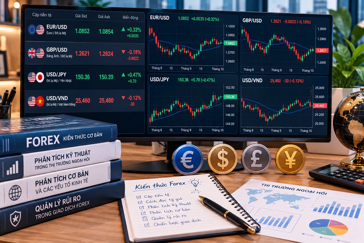 Minh họa các cặp tiền tệ phổ biến trong Forex như EUR/USD, GBP/USD, USD/JPY và USD/VND trên màn hình phân tích tỷ giá hối đoái