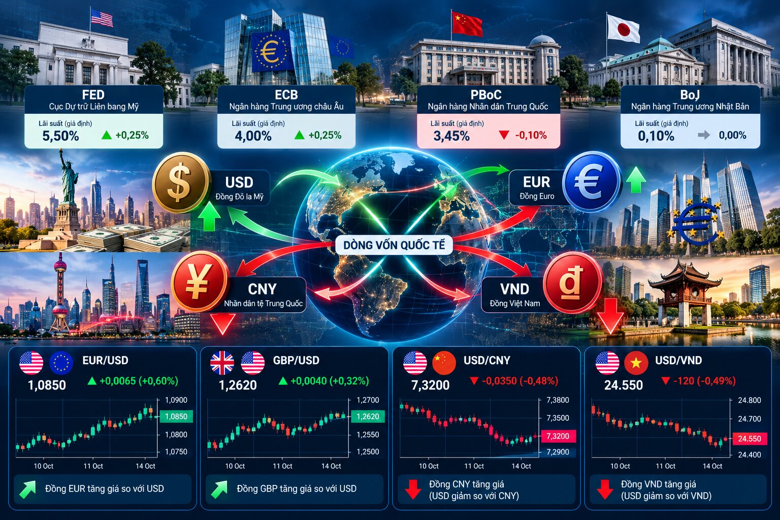 Minh họa phá giá tiền tệ trên thị trường quốc tế với các đồng USD, EUR, CNY, VND và tác động của chính sách tỷ giá đến dòng vốn