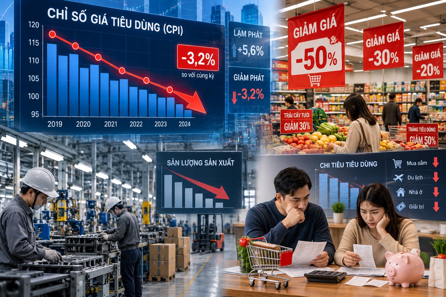 Giảm phát có thể xuất phát từ sự suy giảm tổng cầu, thay đổi nguồn cung hoặc những khó khăn trong hệ thống tài chính