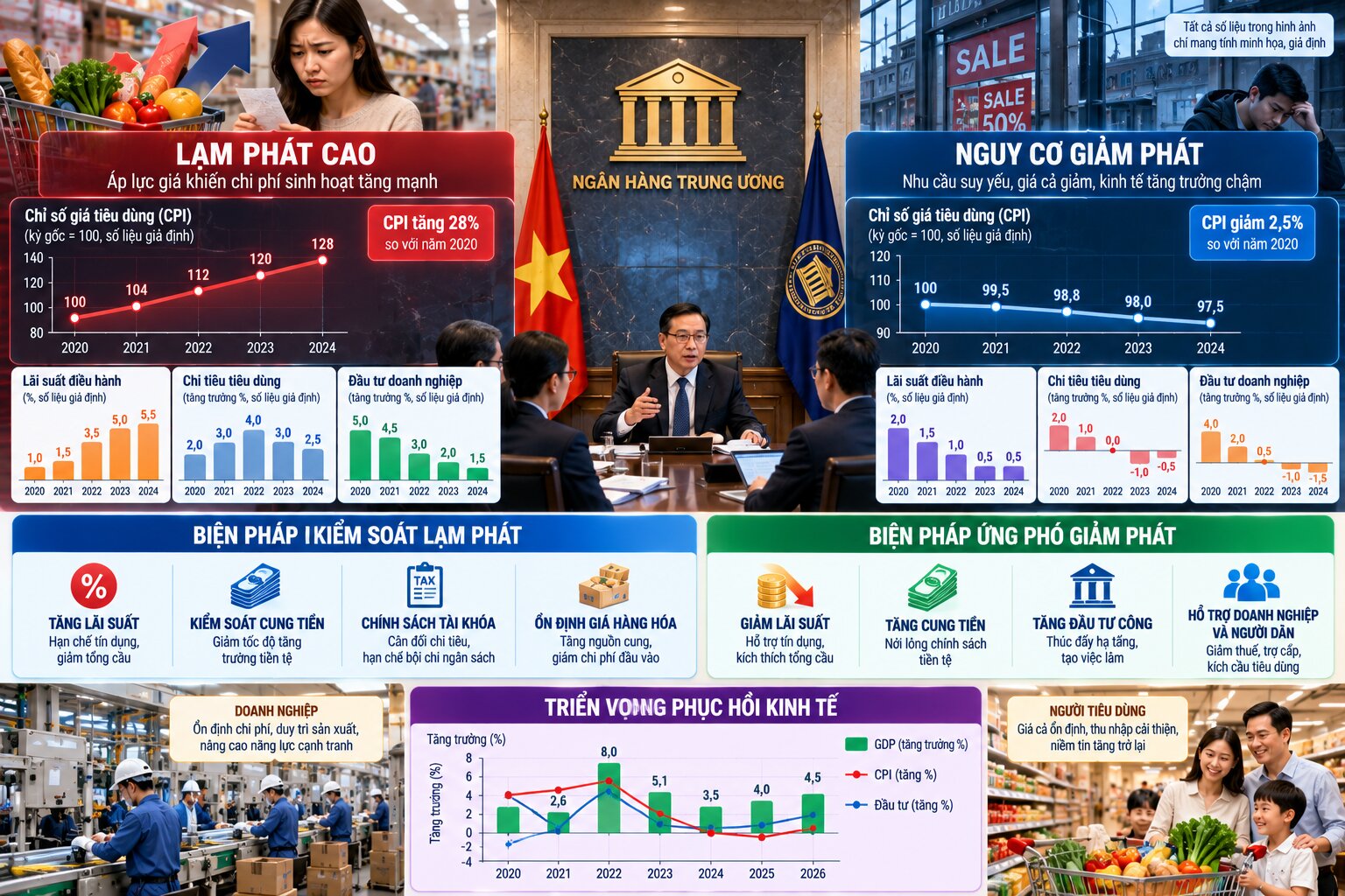 Minh họa ngân hàng trung ương điều hành lãi suất, cung tiền và chính sách kinh tế để kiểm soát giảm phát và giảm lạm phát