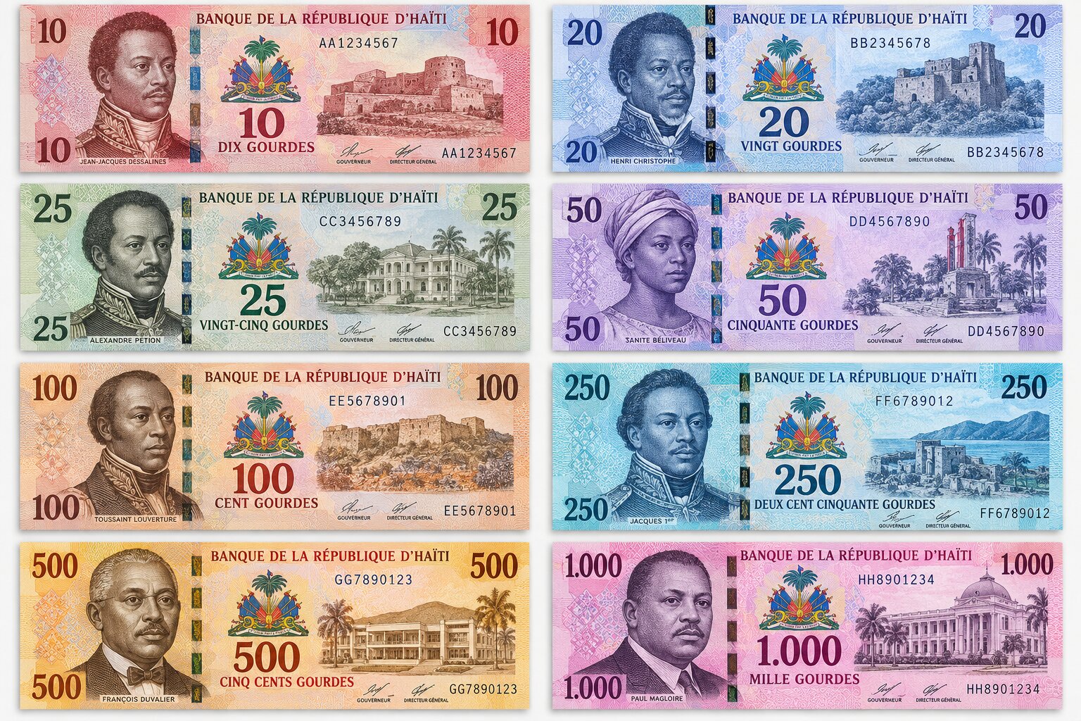 Bộ tiền giấy Gourde Haiti gồm các mệnh giá từ 10 đến 1.000 HTG, thể hiện chân dung nhân vật lịch sử và họa tiết đặc trưng