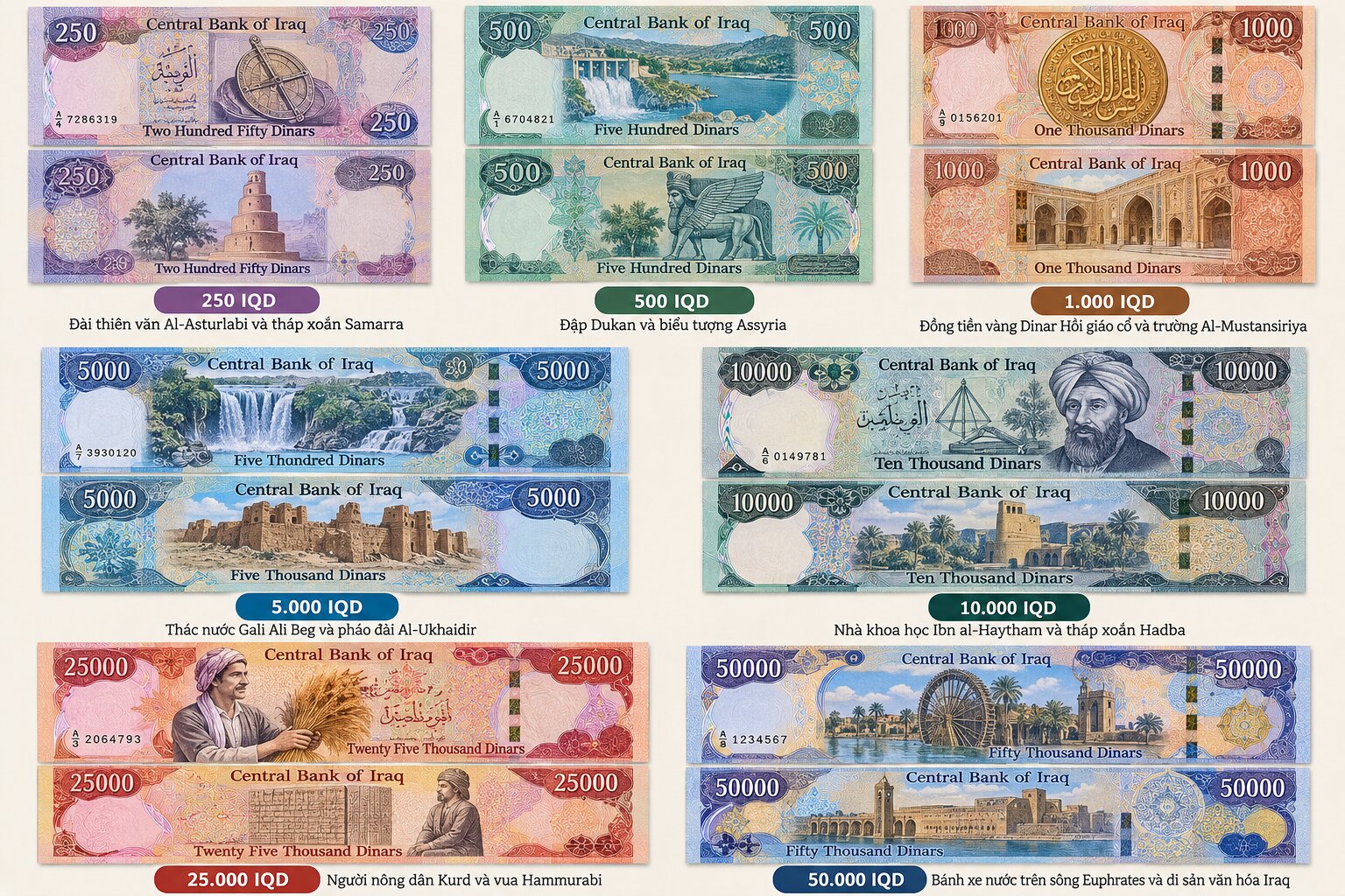 Bộ tiền giấy Dinar Iraq từ 250 đến 50.000 IQD với thiết kế thể hiện di tích lịch sử, nhân vật nổi tiếng và biểu tượng văn hóa Iraq