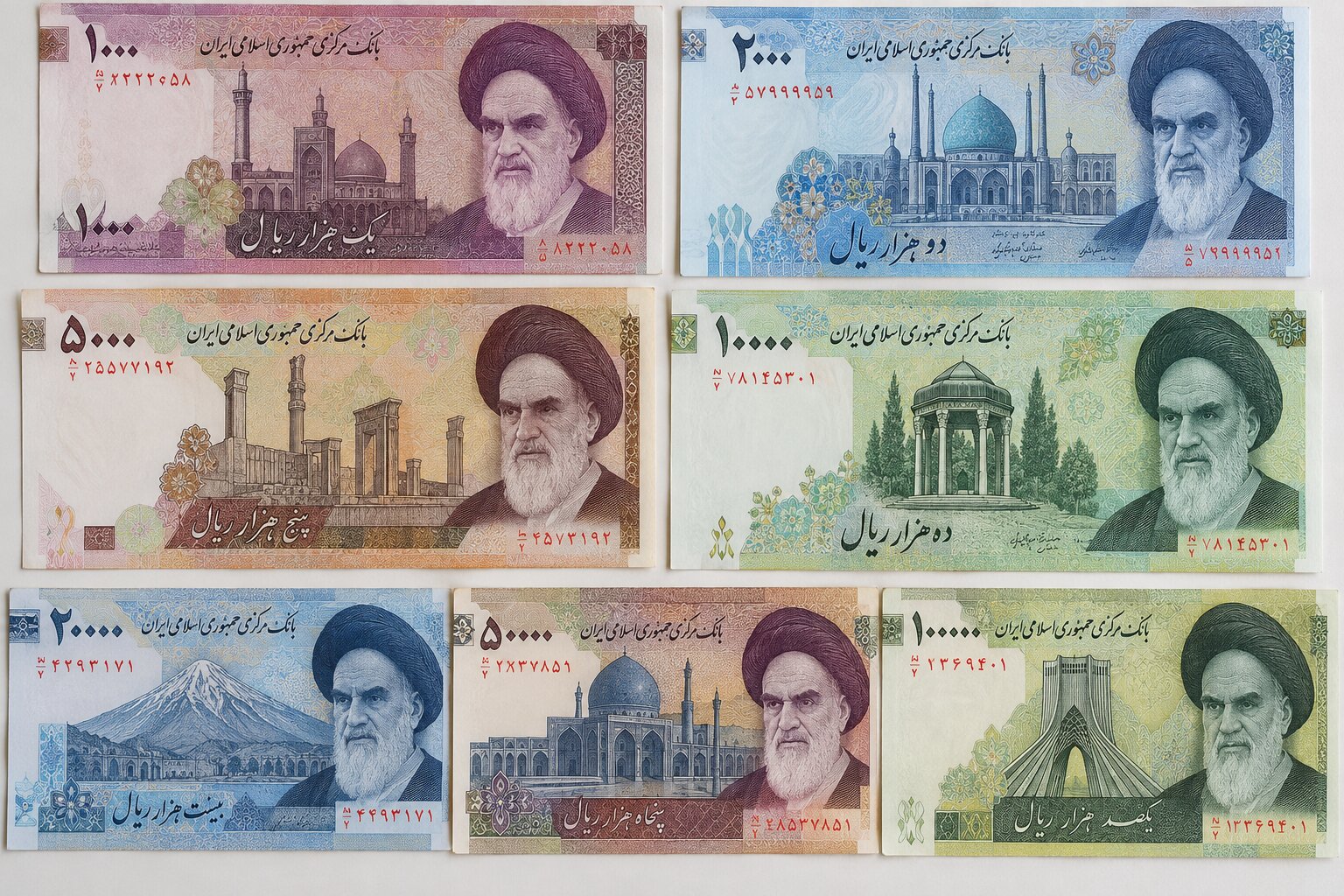 Bộ tiền giấy Rial Iran từ 1.000 đến 100.000 IRR với chân dung Khomeini, hoa văn và các công trình kiến trúc đặc trưng