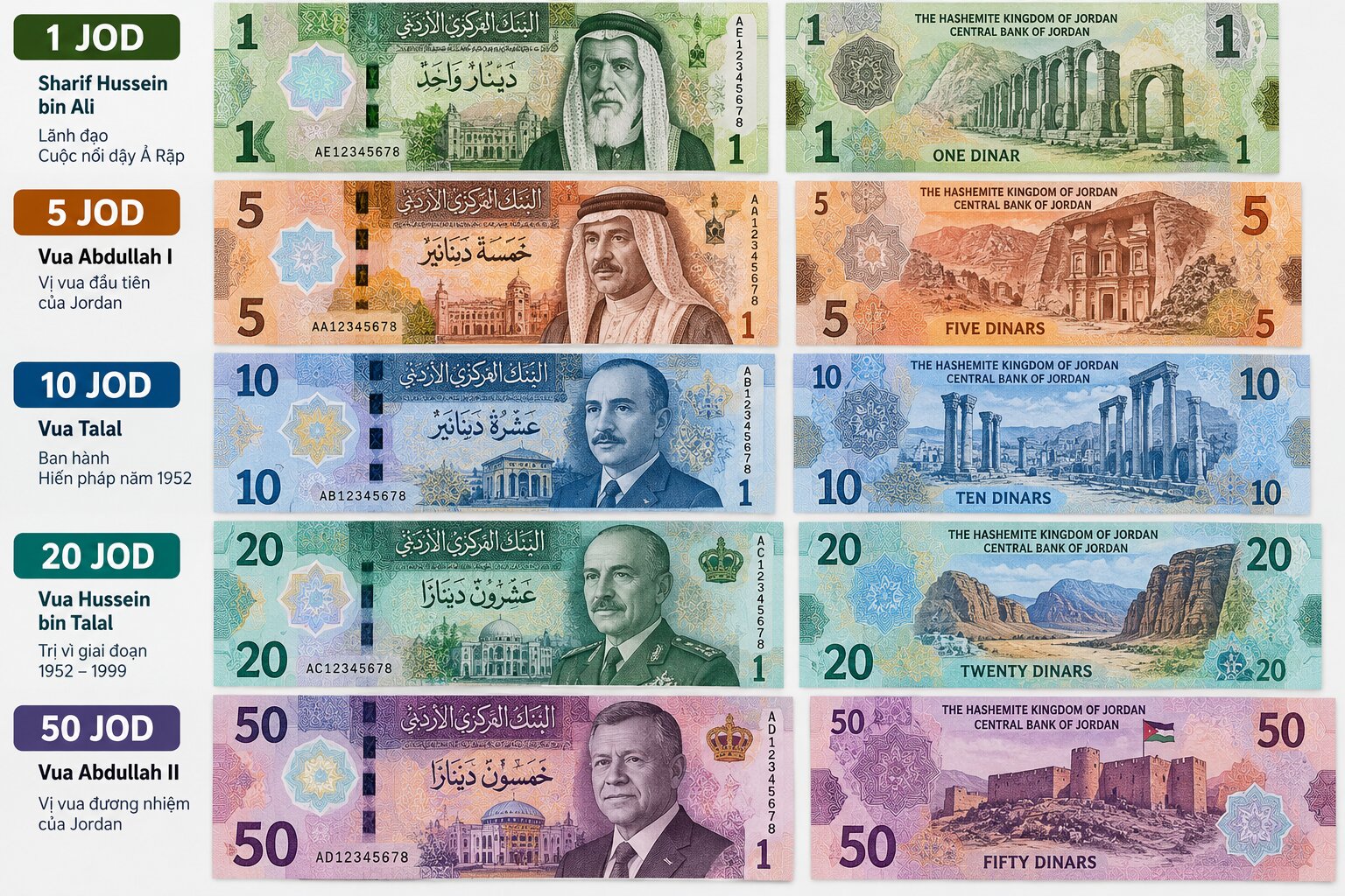 Bộ tiền giấy Dinar Jordan gồm các mệnh giá 1, 5, 10, 20 và 50 JOD với chân dung các vị vua, màu sắc và họa tiết đặc trưng