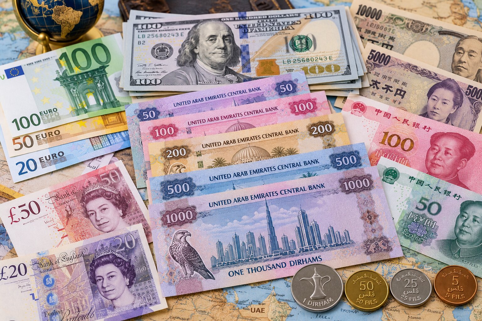 Đồng Dirham UAE có mã AED, được neo tỷ giá vào USD và sử dụng rộng rãi trong nền kinh tế Các Tiểu vương quốc Ả Rập Thống nhất