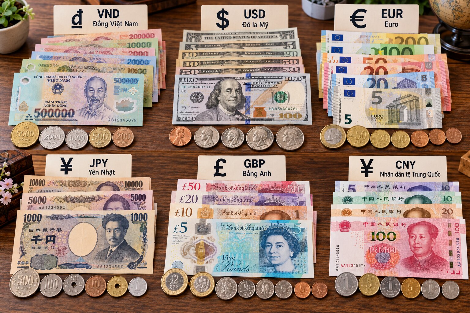 Bộ sưu tập tiền Việt Nam, đô la Mỹ, euro, yên Nhật, bảng Anh và nhân dân tệ cùng ký hiệu các đơn vị tiền tệ trên thế giới