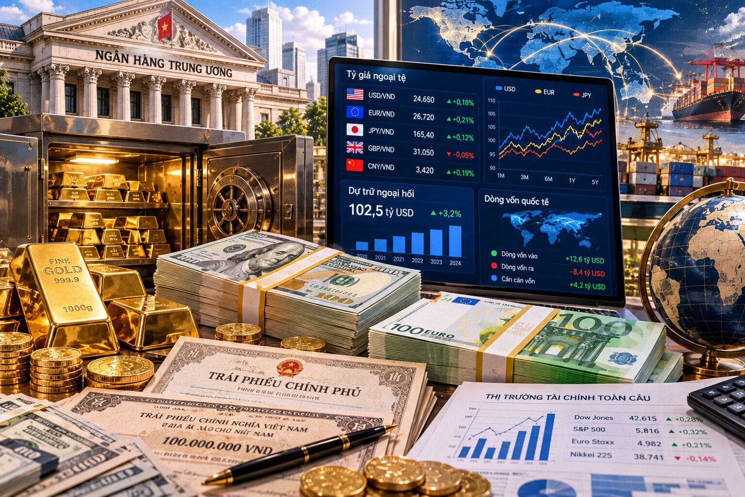 Minh họa vai trò tiền dự trữ quốc tế với ngân hàng trung ương, vàng, USD, Euro, trái phiếu chính phủ và biểu đồ tỷ giá hối đoái