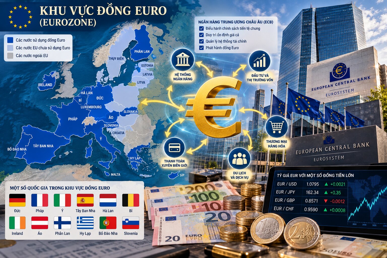 Sơ đồ liên minh tiền tệ với đồng Euro, bản đồ các quốc gia thành viên, Ngân hàng Trung ương châu Âu và hệ thống thanh toán quốc tế