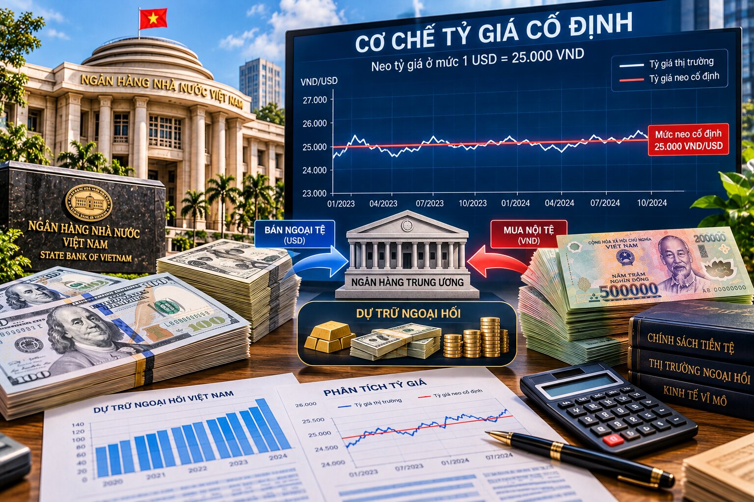 Biểu đồ tỷ giá cố định với đường neo USD và đồng nội tệ, tiền giấy, ngân hàng trung ương và sơ đồ can thiệp mua bán ngoại tệ