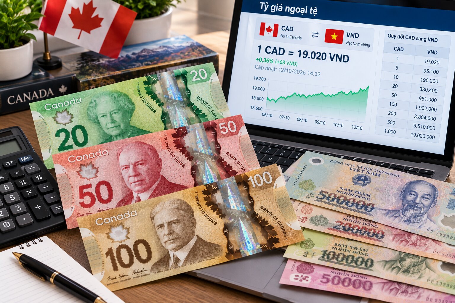 Tiền Đô la Canada gồm tờ 20, 50, 100 CAD đặt cạnh tiền Việt Nam, máy tính và bảng tỷ giá CAD sang VND trên màn hình điện tử