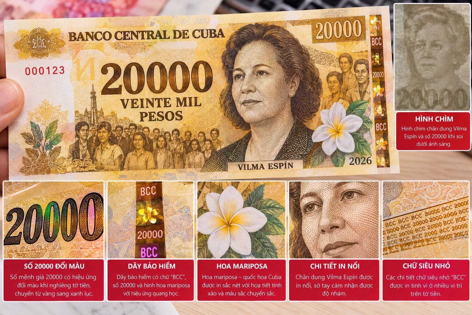 Cận cảnh tờ tiền Peso Cuba năm 2026 với hình chìm chân dung, dây bảo hiểm BCC, hoa mariposa và các chi tiết in nổi chống giả