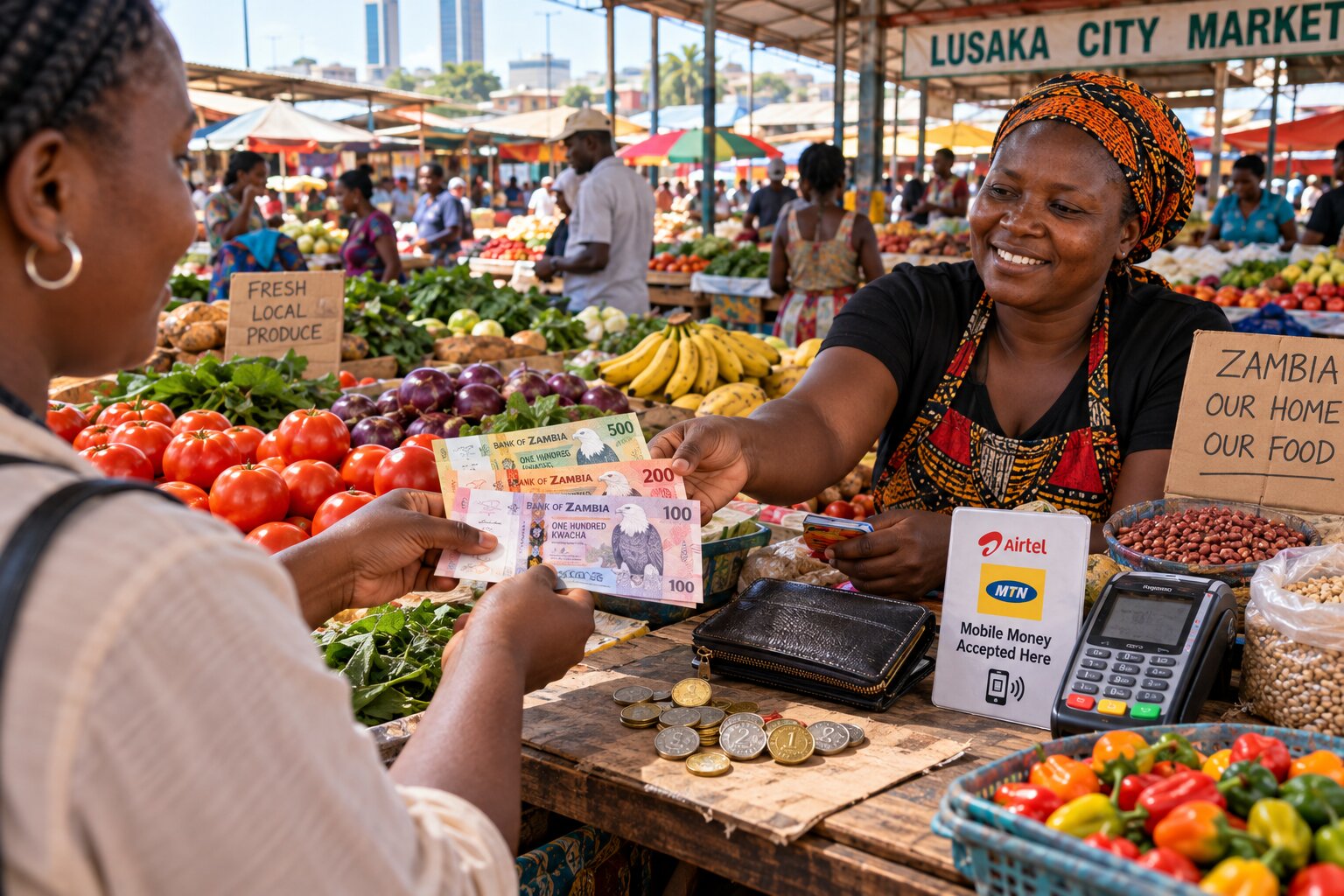 Người dân sử dụng tiền Kwacha Zambia năm 2025 để mua bán tại chợ Lusaka với tiền giấy ZMW, tiền xu và dịch vụ Mobile Money