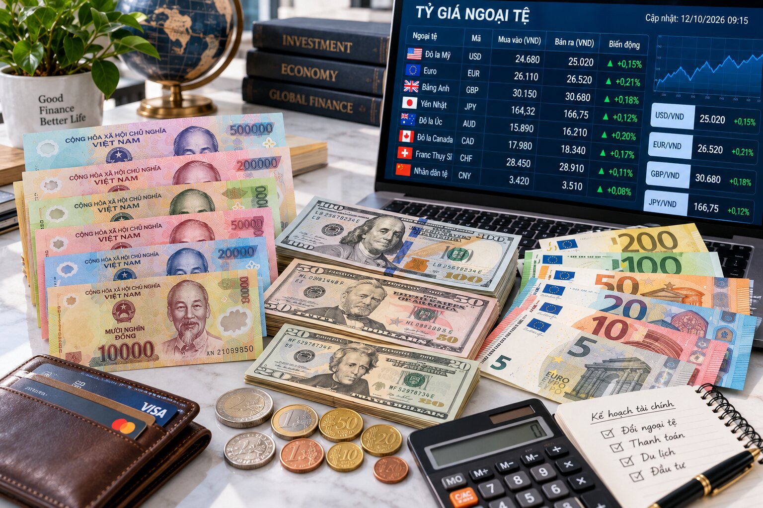 Tiền Việt Nam nhiều mệnh giá đặt cạnh Đô la Mỹ, Euro, máy tính và bảng tỷ giá minh họa hoạt động thanh toán, đổi ngoại tệ