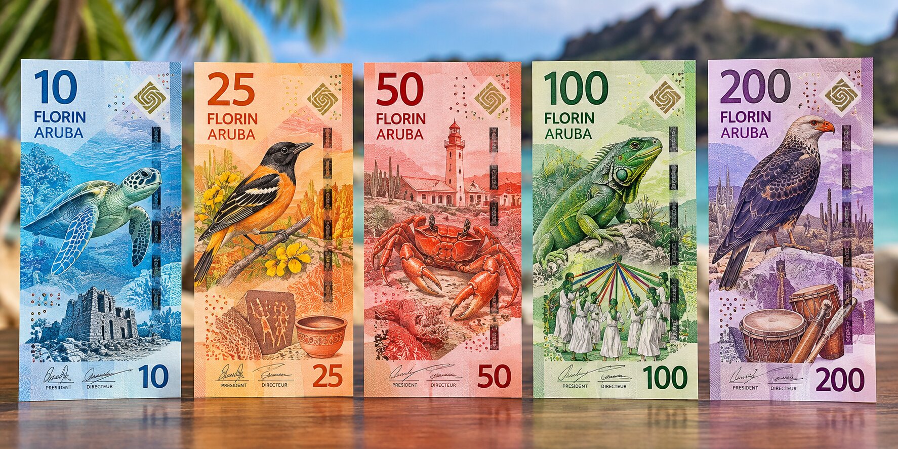  Bộ tiền giấy Florin Aruba năm 2019 với năm mệnh giá và hình ảnh động vật đặc trưng