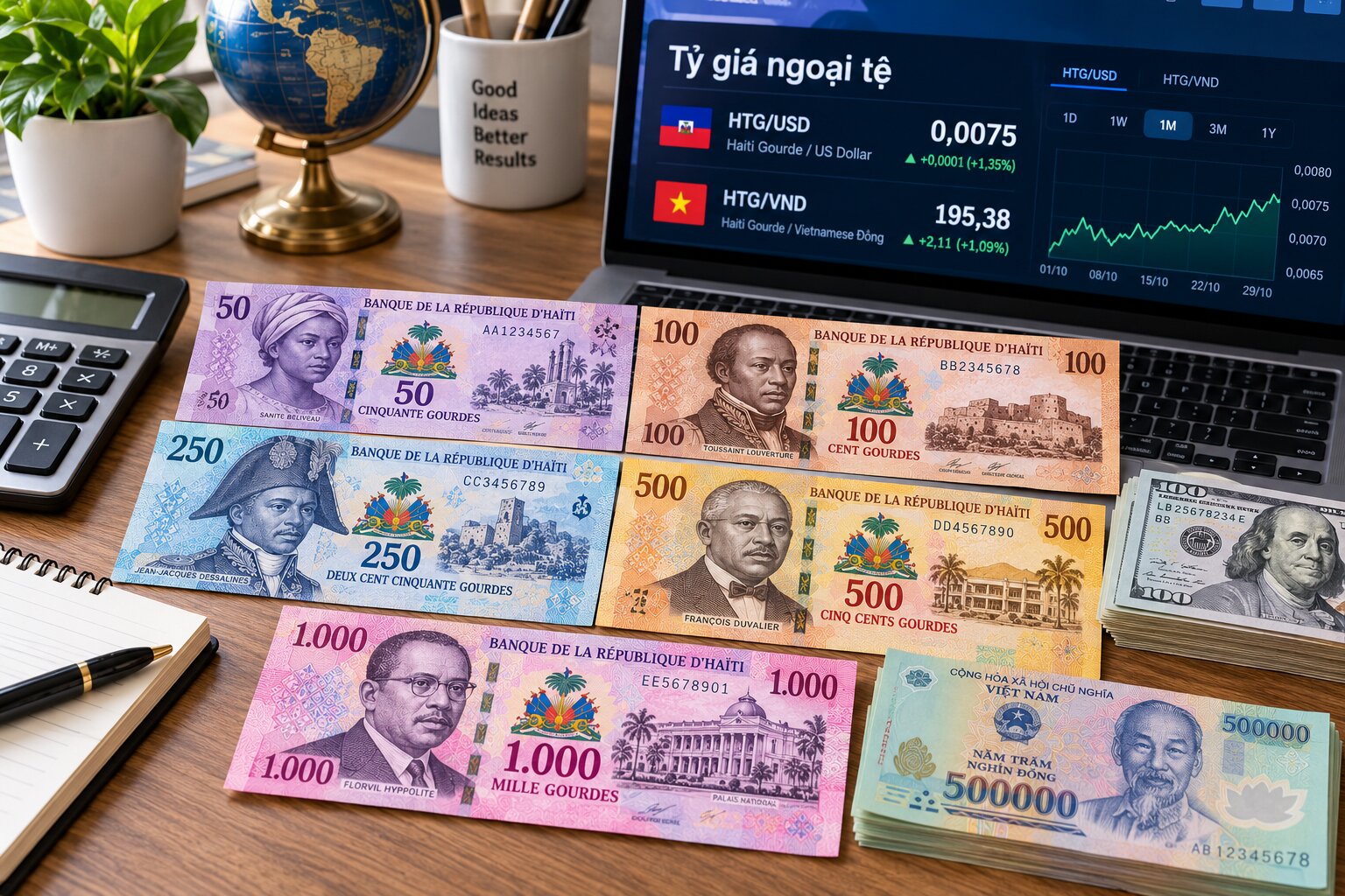 Tiền Gourde Haiti đặt cạnh tiền Việt Nam, đô la Mỹ và máy tính với bảng tỷ giá HTG sang USD và VND trên màn hình