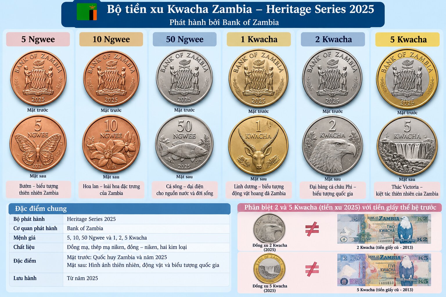  Bộ sáu đồng xu Kwacha Zambia năm 2025 gồm 5, 10, 50 Ngwee và 1, 2, 5 Kwacha với thiết kế chính thức của Ngân hàng Zambia