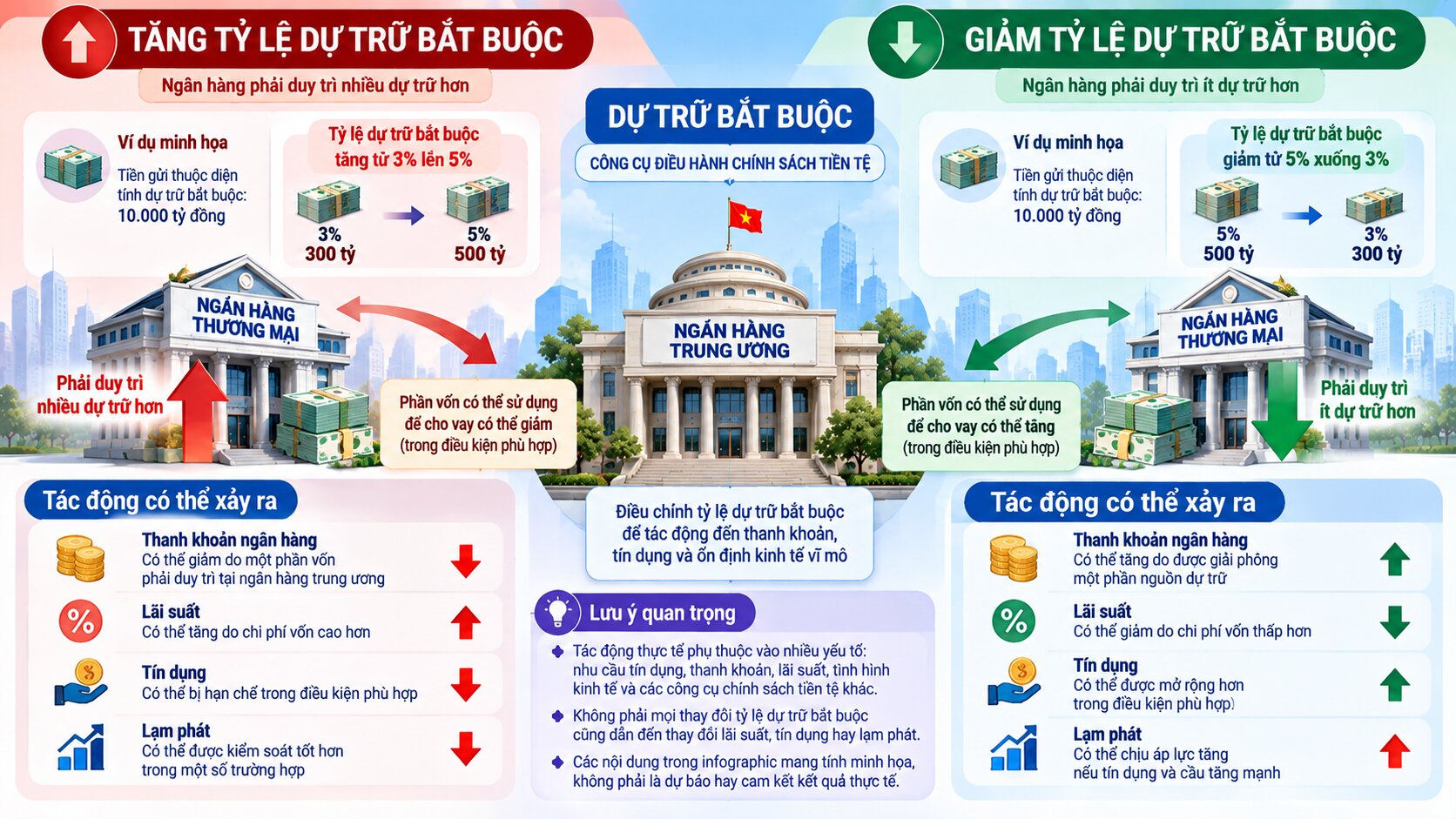Infographic so sánh tác động của tăng và giảm tỷ lệ dự trữ bắt buộc đến thanh khoản ngân hàng, lãi suất và tín dụng