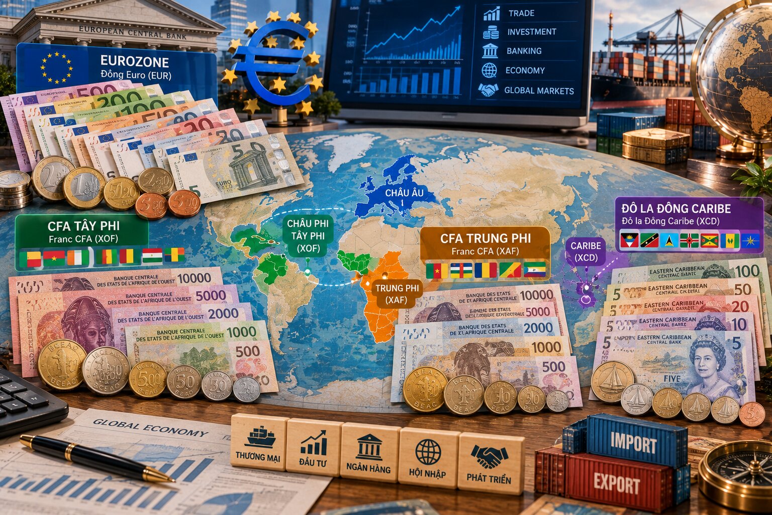 Các đồng tiền chung Euro, Franc CFA Tây Phi, Franc CFA Trung Phi và Đô la Đông Caribe trên bản đồ thế giới minh họa những liên minh tiền tệ