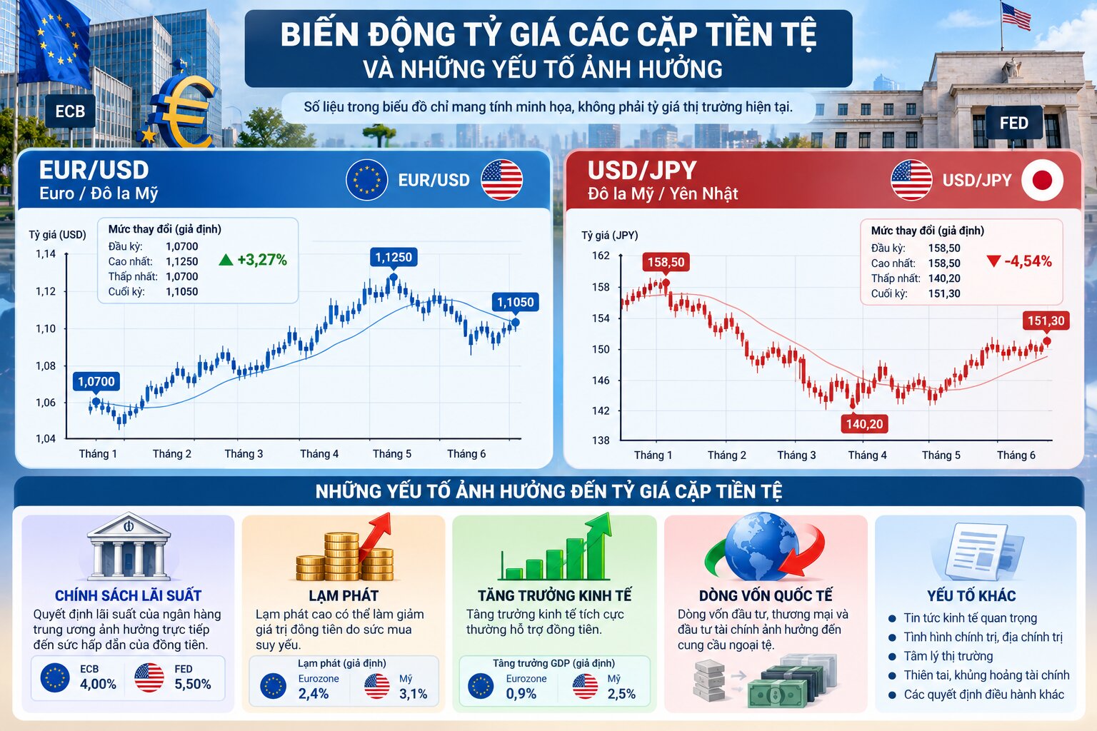 Biểu đồ minh họa biến động các cặp tiền tệ EUR/USD và USD/JPY dưới tác động của lãi suất, lạm phát và các yếu tố kinh tế quốc tế