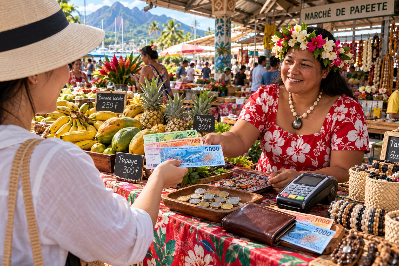 Người dân sử dụng tiền Franc CFP để thanh toán tại chợ truyền thống Papeete, Tahiti với tiền giấy XPF, tiền xu và hàng hóa địa phương
