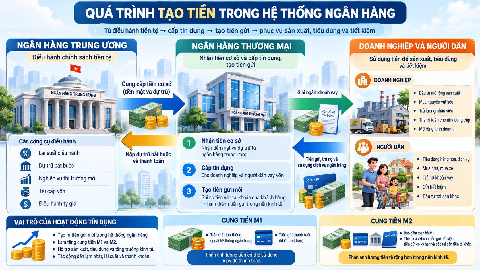 Sơ đồ ngân hàng trung ương, ngân hàng thương mại và hoạt động tín dụng ảnh hưởng đến cung tiền M1 M2 trong nền kinh tế