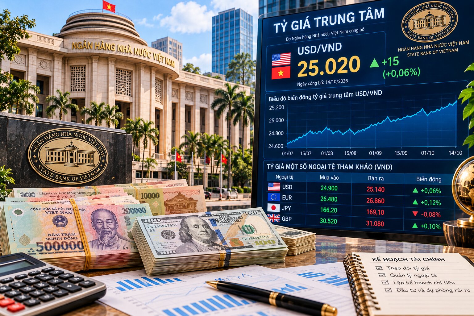 Trụ sở Ngân hàng Nhà nước Việt Nam cùng tiền VND, USD và bảng điện tử tỷ giá trung tâm minh họa chính sách điều hành ngoại hối