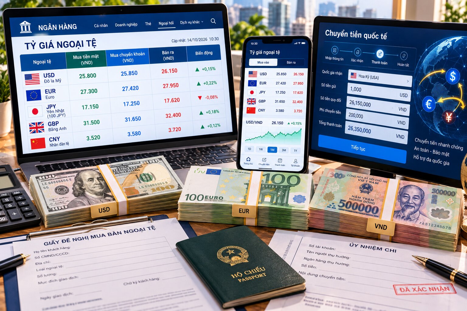 Giao dịch tỷ giá mua vào bán ra với tiền USD, Euro, Đồng Việt Nam, máy tính, điện thoại hiển thị tỷ giá và thanh toán ngân hàng