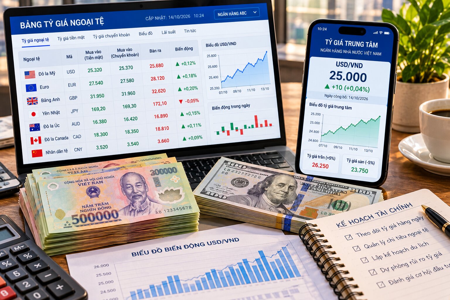 Điện thoại hiển thị tỷ giá trung tâm USD VND bên cạnh máy tính, bảng tỷ giá ngân hàng, tiền Việt Nam và đô la Mỹ