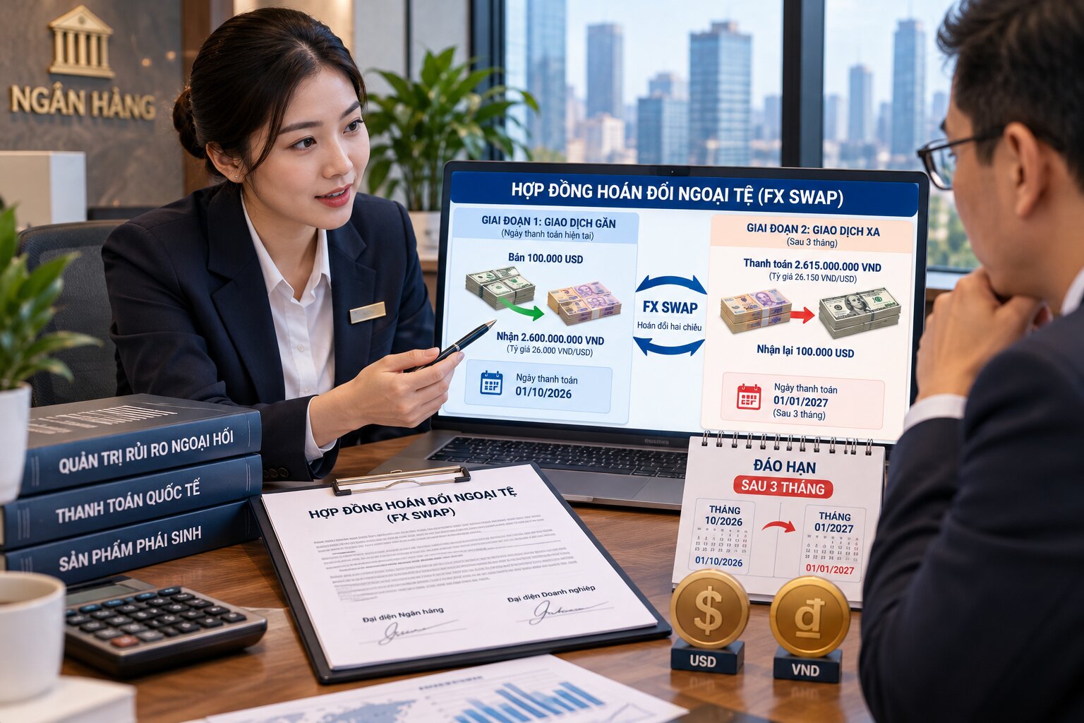 Nhân viên ngân hàng tư vấn giao dịch swap ngoại hối USD/VND cho doanh nghiệp, minh họa hợp đồng hoán đổi ngoại tệ và lịch thanh toán