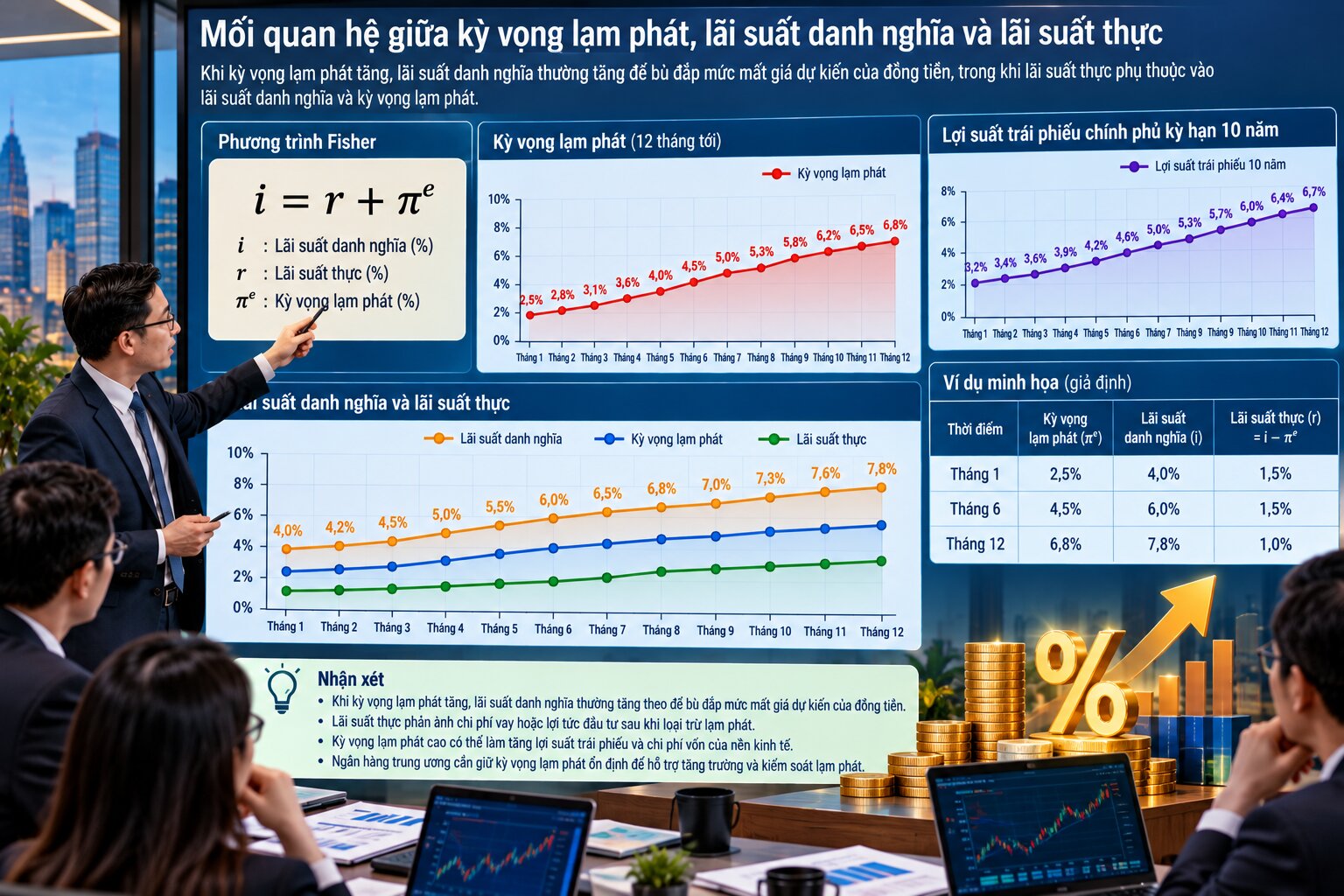 Minh họa mối quan hệ giữa kỳ vọng lạm phát và lãi suất thông qua phương trình Fisher và biểu đồ lợi suất trái phiếu
