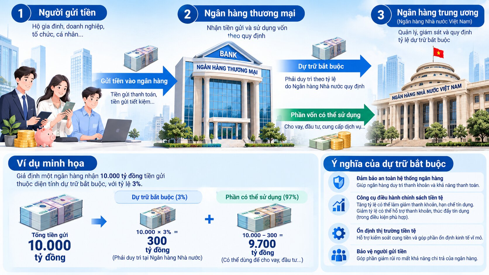 Infographic giải thích dự trữ bắt buộc là gì, thể hiện dòng tiền giữa người gửi tiền, ngân hàng thương mại và ngân hàng trung ương