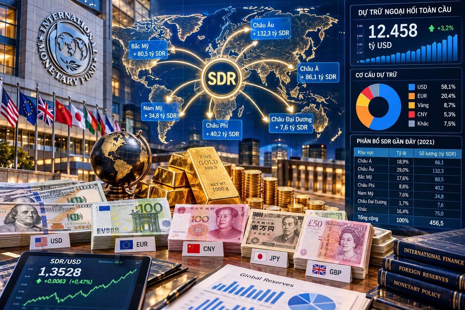 Bản đồ tài chính thế giới với biểu tượng IMF, tiền ngoại tệ, vàng và biểu đồ phân bổ SDR minh họa vai trò trong dự trữ ngoại hối
