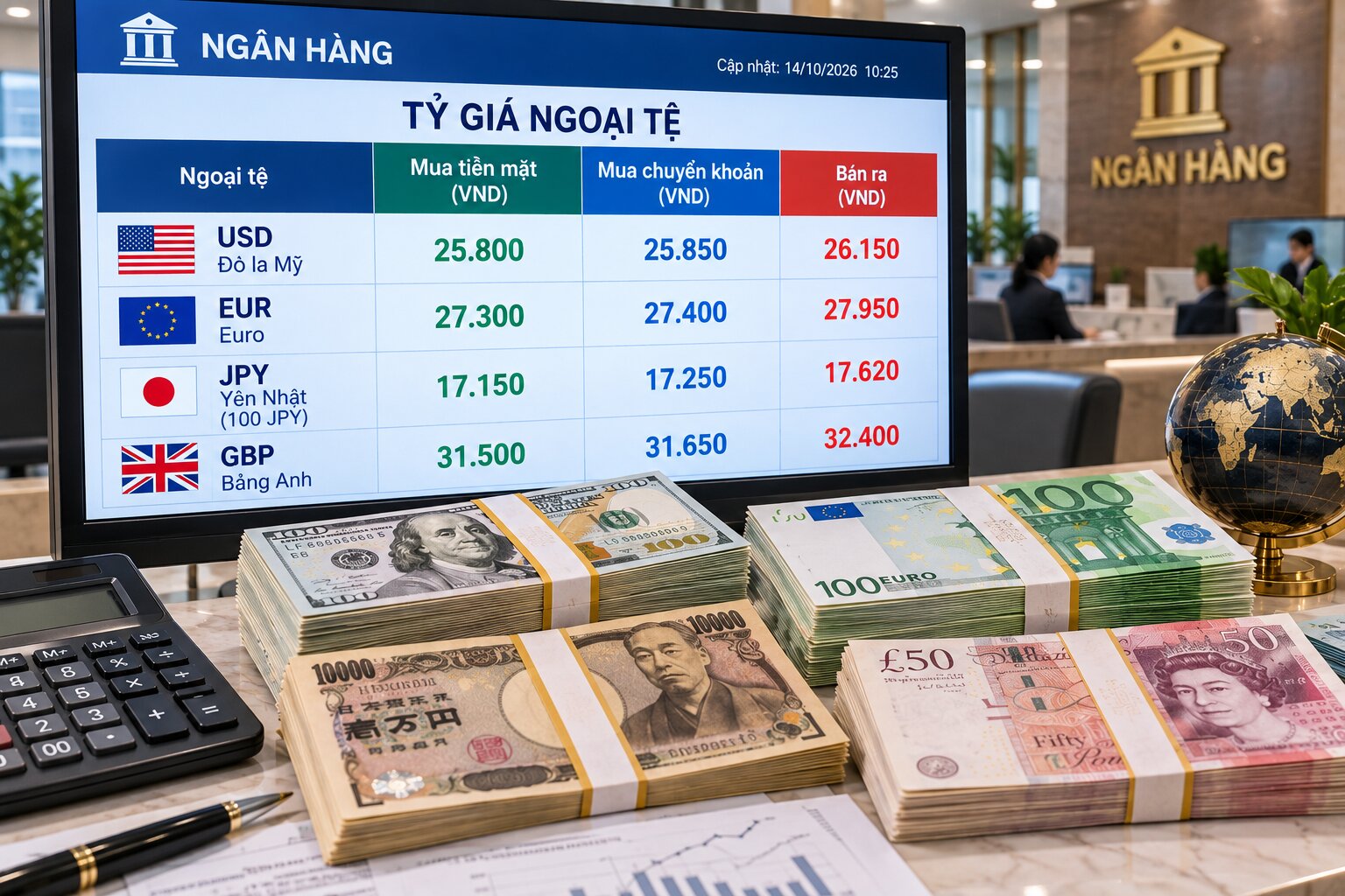 Bảng tỷ giá mua vào bán ra USD, Euro, Yên Nhật và Bảng Anh tại ngân hàng với các cột mua tiền mặt, chuyển khoản và bán ra