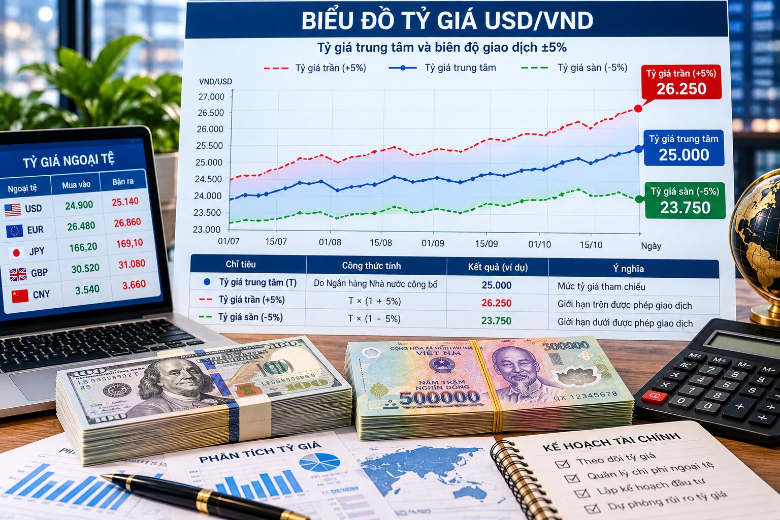 Biểu đồ tỷ giá trung tâm USD VND với đường tỷ giá trần và sàn theo biên độ 5 phần trăm, đặt cạnh tiền Việt Nam và đô la Mỹ