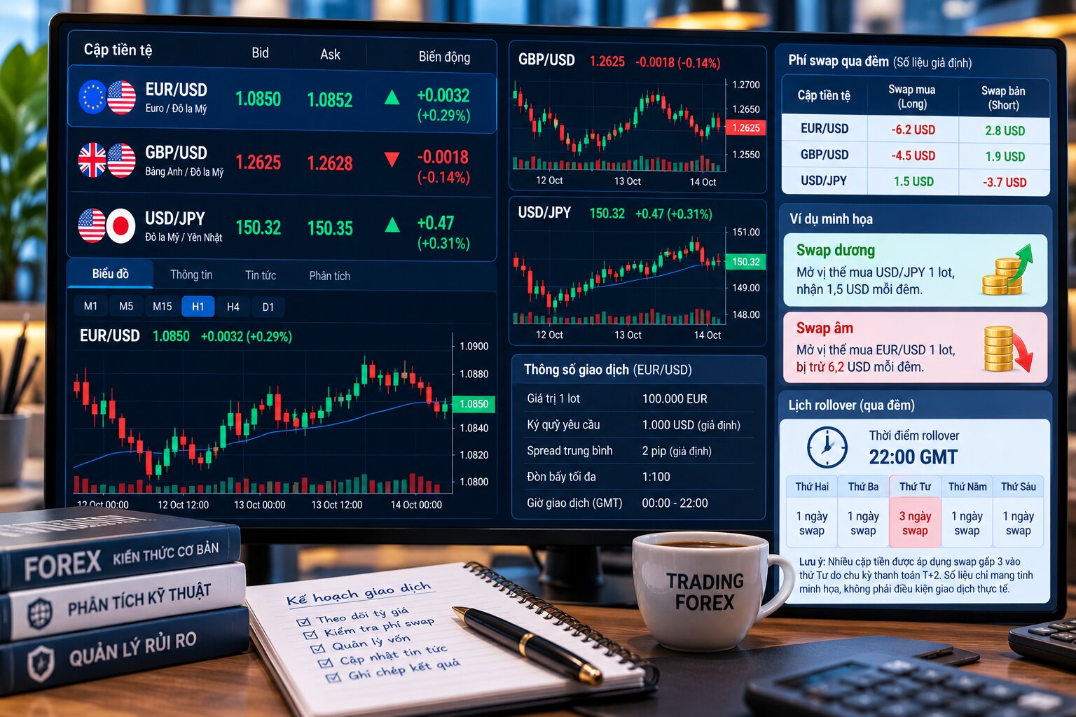 Minh họa phí swap Forex qua đêm với các cặp tiền EUR/USD, GBP/USD, USD/JPY, lãi suất, lịch rollover và mức swap dương hoặc âm